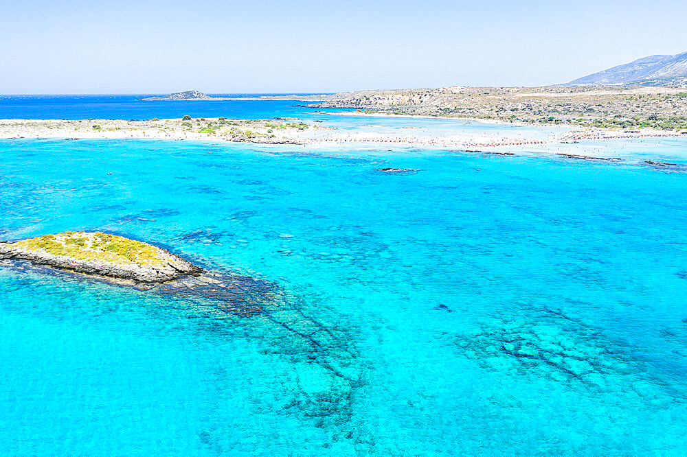 Aerial view of the blue sea surrounding Elafonisi beach, Crete island, Greek Islands, Greece, Europe