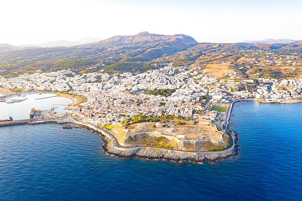 Aerial view of old Venetian harbor and Fortezza, citadel of the seaside town of Rethymno, Crete island, Greek Islands, Greece, Europe