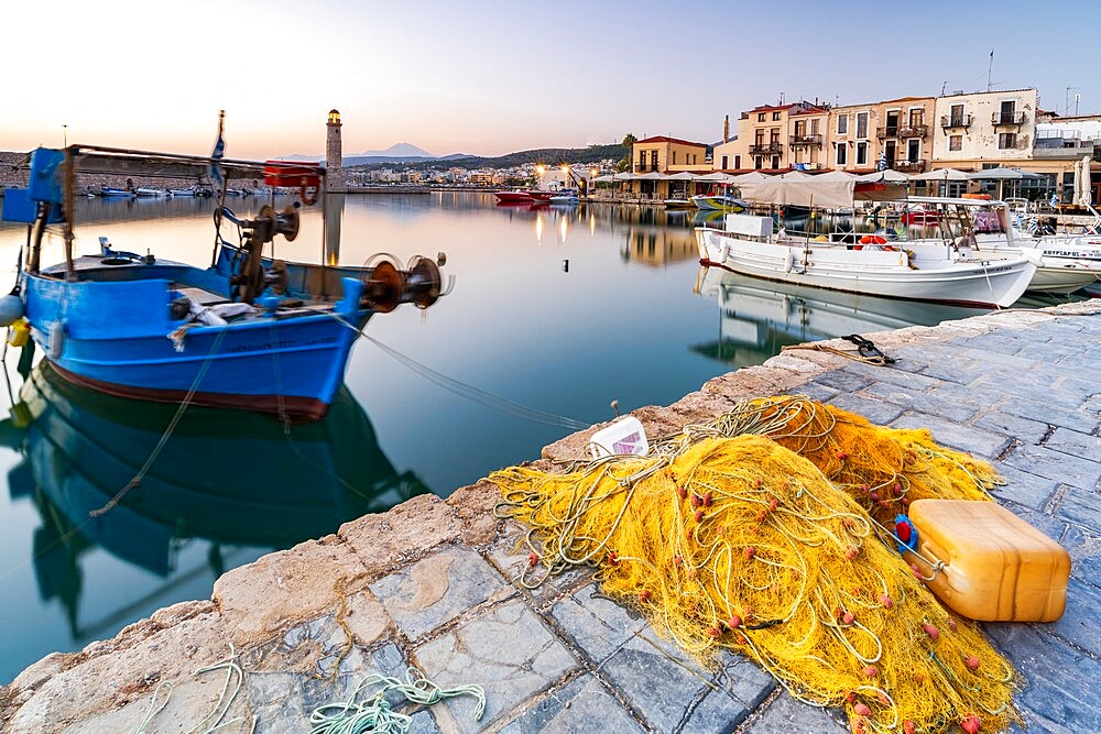 Fishing boats moored in the old Venetian port, Rethymno, Crete island, Greek Islands, Greece, Europe