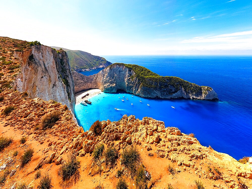 Aerial view of majestic cliffs above the idyllic Navagio Beach (Shipwreck Beach), Zakynthos island, Greek Islands, Greece, Europe