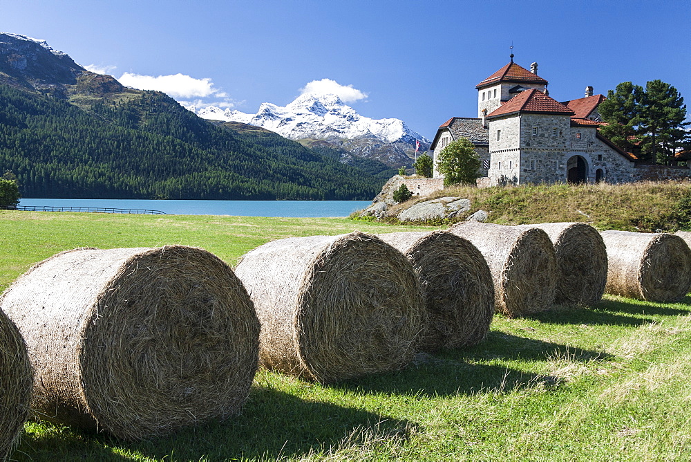 Haystacks lying on the bank of Lake Sils in Silvaplana, by Saint Moritz, Graubunden Switzerland, Europe