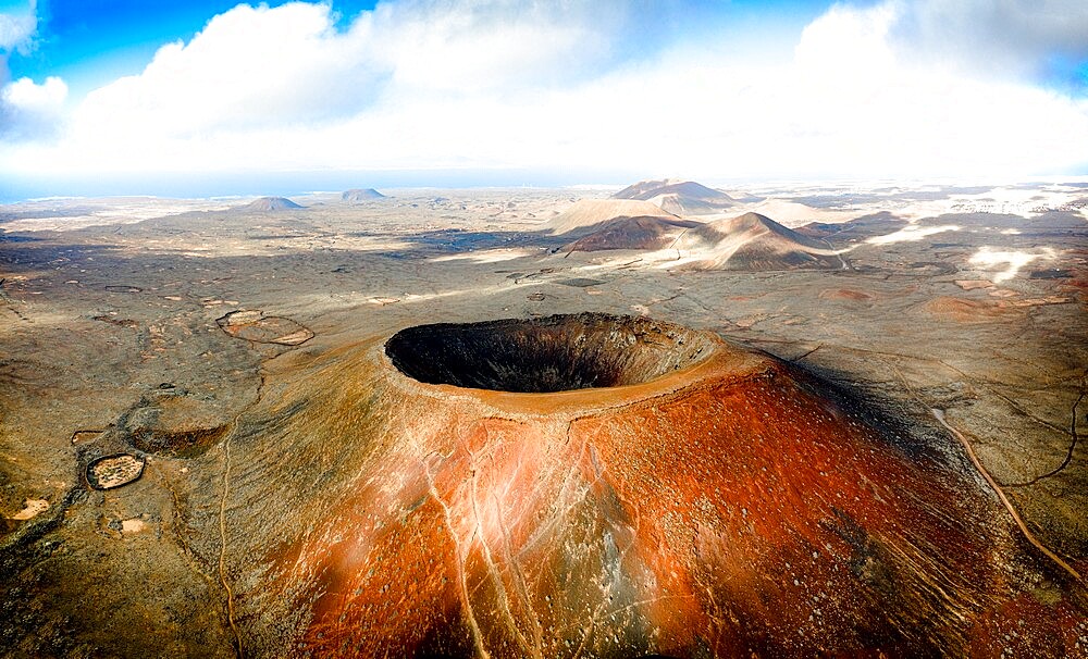 Aerial view of the crater of Hondo volcano (Calderon Hondo), Corralejo, Fuerteventura, Canary Islands, Spain, Atlantic, Europe