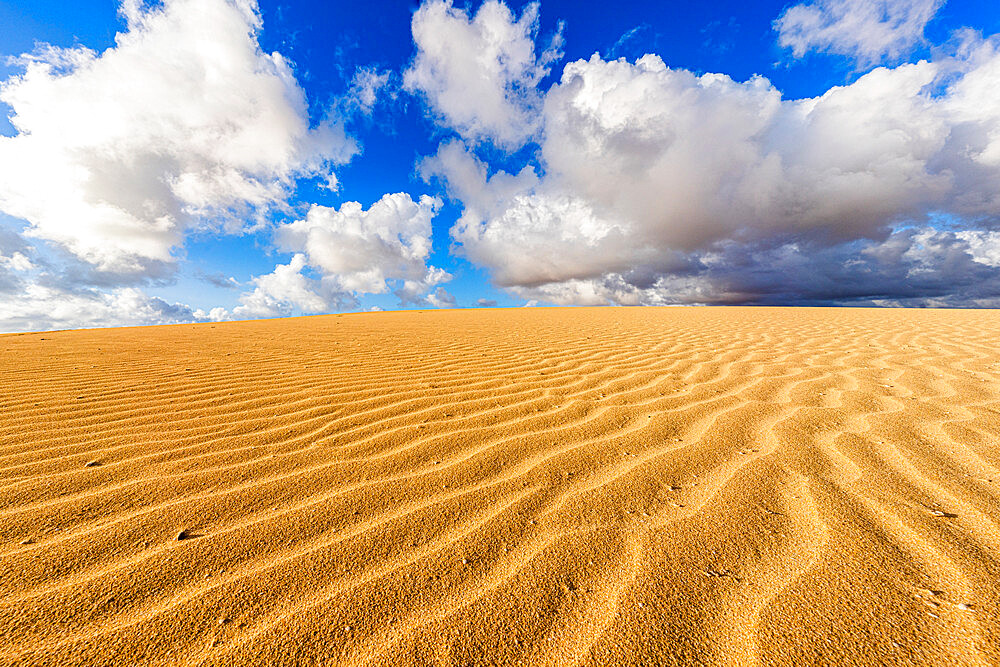 Fluffy clouds over desert sand dunes modeled by wind, Corralejo Natural Park, Fuerteventura, Canary Islands, Spain, Atlantic, Europe