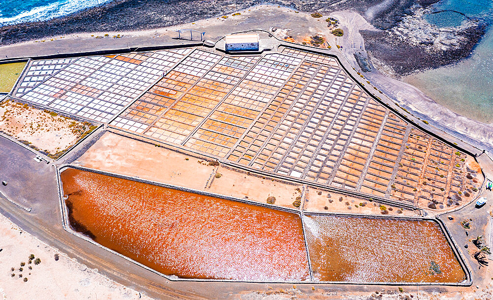 Aerial view of the salt flats of Salinas Del Carmen, Fuerteventura, Canary Islands, Spain, Atlantic, Europe