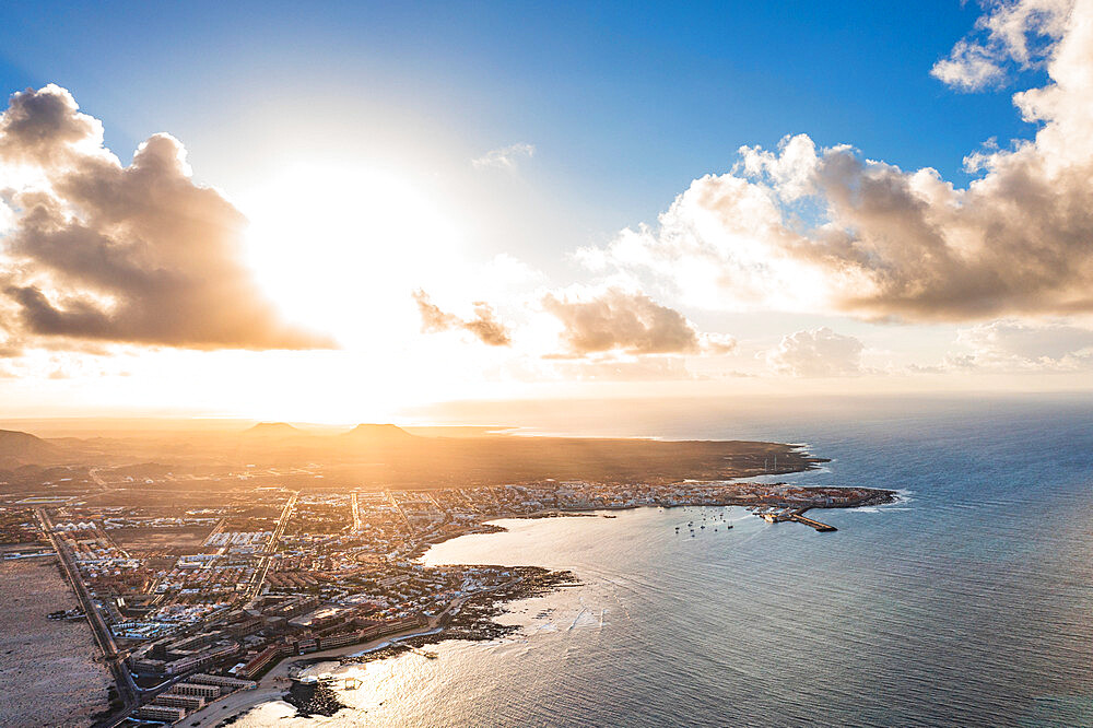 Aerial view of Corralejo at sunset, Fuerteventura, Canary Islands, Spain, Atlantic, Europe