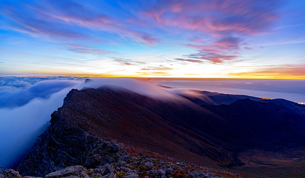 Dramatic sky at dawn over Pico de la Zarza mountain peak in mist, Jandia Peninsula, Fuerteventura, Canary Islands, Spain, Atlantic, Europe