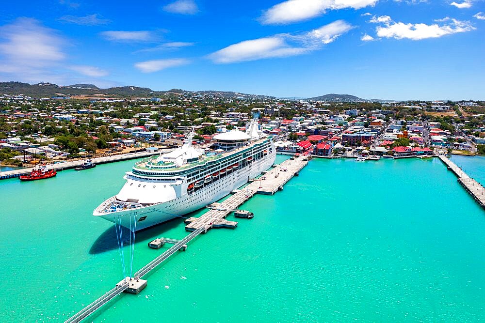 Aerial view of cruise ship moored in the touristic port of St John???s, Antigua, Leeward Islands, Caribbean, West indies