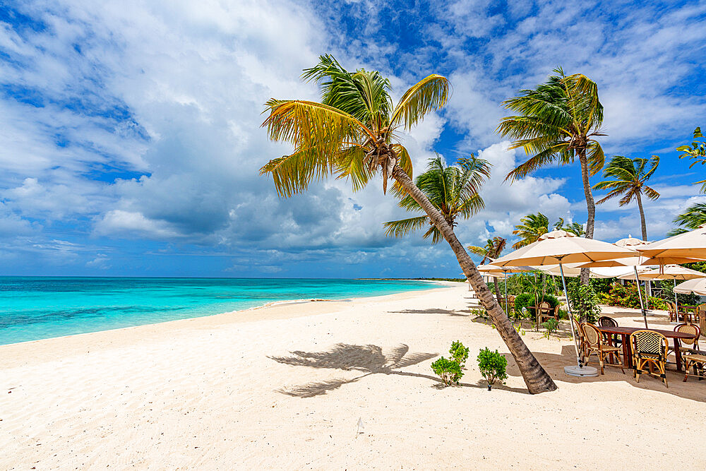 Open air restaurant of luxury resort on a palm fringed beach, Barbuda, Antigua and Barbuda, West Indies, Caribbean, Central America