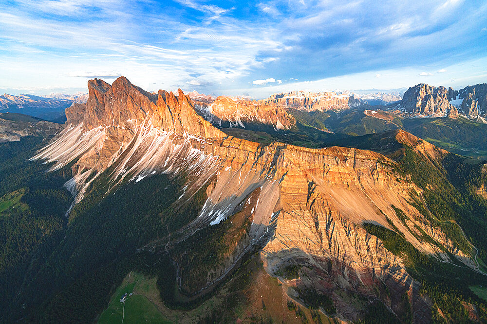 Aerial view of Odle group, Seceda, Sella and Sassolungo at sunset, Dolomites, South Tyrol, Italy, Europe