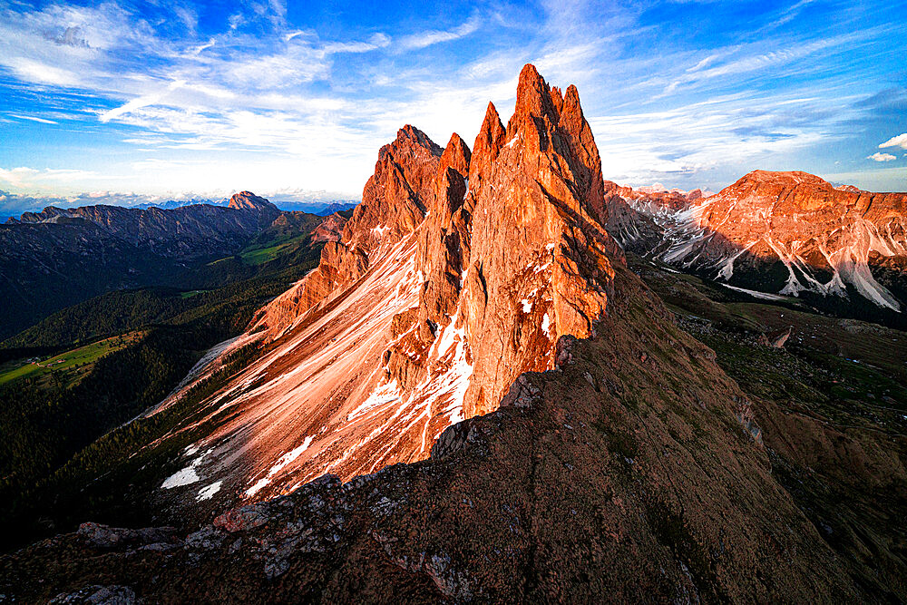 Majestic peaks of Odle group, Seceda, Furchetta and Sass Rigais at sunset, aerial view, Dolomites, South Tyrol, Italy, Europe