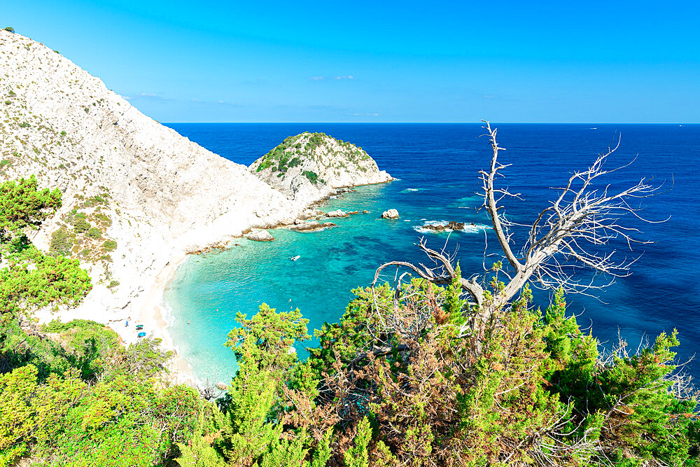 High angle view of the idyllic beach of Agia Eleni and cliffs, Kefalonia, Ionian Islands, Greek Islands, Greece, Europe