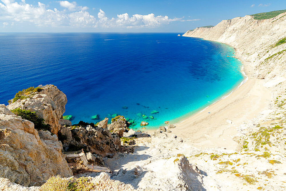 White sand of Ammos beach washed by the crystal turquoise sea, overhead view, Kefalonia, Ionian Islands, Greek Islands, Greece, Europe