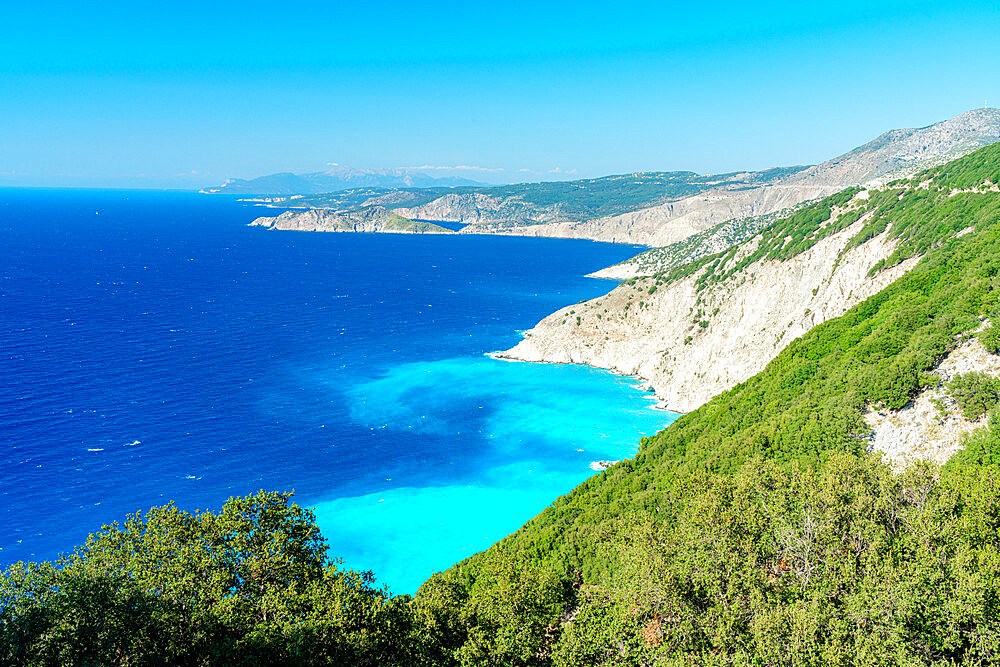 High angle view of Myrtos beach and turquoise sea from coastline, Kefalonia, Ionian Islands, Greek Islands, Greece, Europe