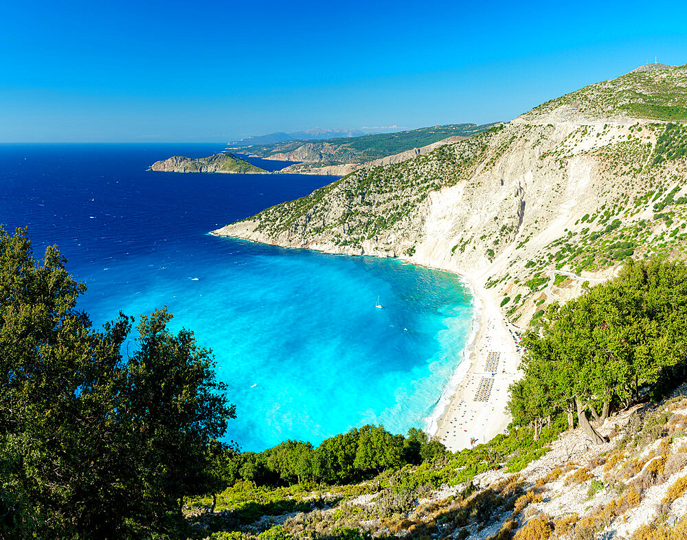 High angle view of the idyllic Myrtos beach washed by waves of crystal sea, Kefalonia, Ionian Islands, Greek Islands, Greece, Europe