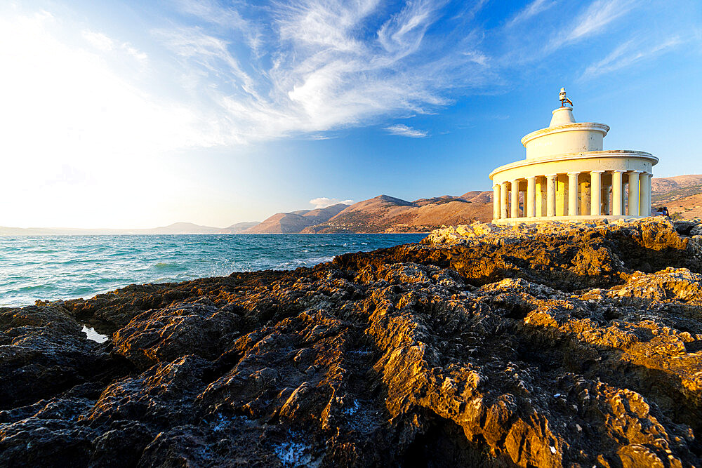 Lighthouse of Saint Theodore on cliffs at sunset, Argostoli, Kefalonia, Ionian Islands, Greek Islands, Greece, Europe