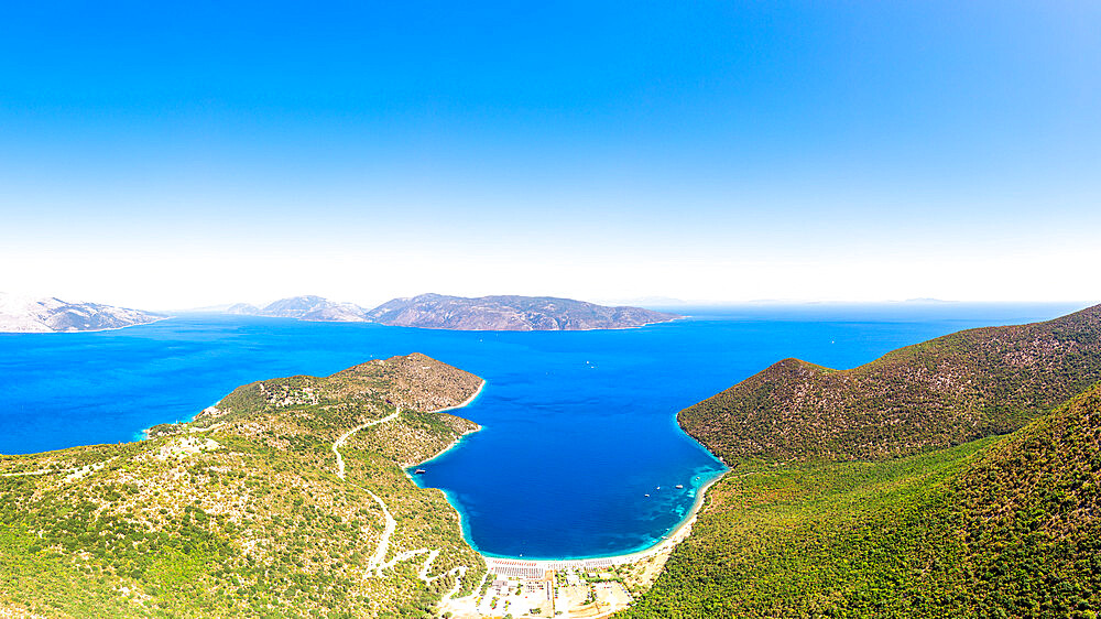 Green lush plants on cliffs surrounding the scenic Antisamos beach, overhead view, Kefalonia, Ionian Islands, Greek Islands, Greece, Europe