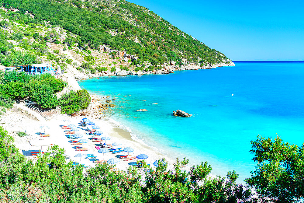 High angle view of beach umbrellas on the idyllic Vouti beach framed by lush plants, Zola, Kefalonia, Ionian Islands, Greek Islands, Greece, Europe