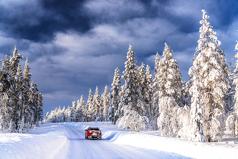 Car traveling on slippery road surrounded by snow covered trees in a frozen forest, Kangos, Norrbotten County, Lapland, Sweden, Scandinavia, Europe