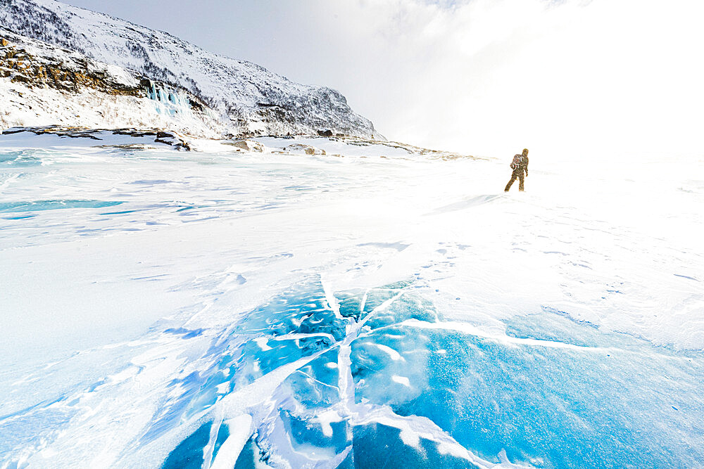 Hiker exploring the snowy landscape walking on icy lake in winter, Stora Sjofallet, Norrbotten County, Lapland, Sweden, Scandinavia, Europe