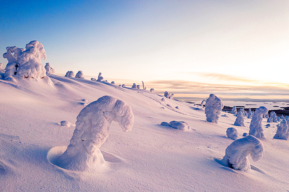 Ice sculptures in the snowy winter scenery of Finnish Lapland at dawn