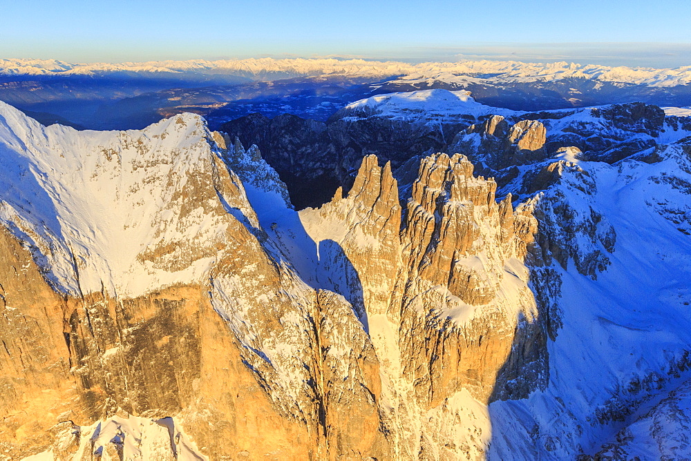 Aerial view of Catinaccio Group and Vajolet Towers at sunset, Sciliar Natural Park, Dolomites, Trentino-Alto Adige, Italy, Europe