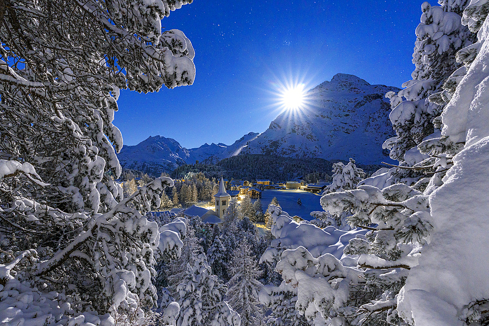 Moon glowing over the snowy bell tower of Chiesa Bianca and woods in winter, Maloja, Bregaglia, Graubunden, Engadin, Switzerland