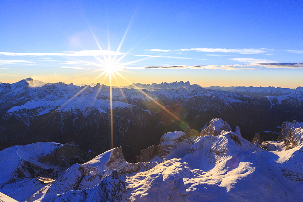 Aerial view of Catinaccio Group at sunset, Sciliar Natural Park, Dolomites, Trentino-Alto Adige, Italy, Europe