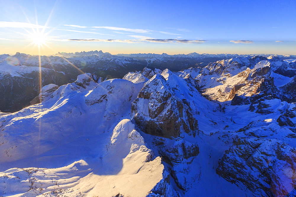 Aerial view of Catinaccio Group at sunset, Sciliar Natural Park, Dolomites, Trentino-Alto Adige, Italy, Europe