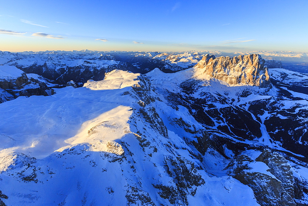 Aerial view of Sassolungo at sunset, Sella Group, Dolomites, Trentino-Alto Adige, Italy, Europe