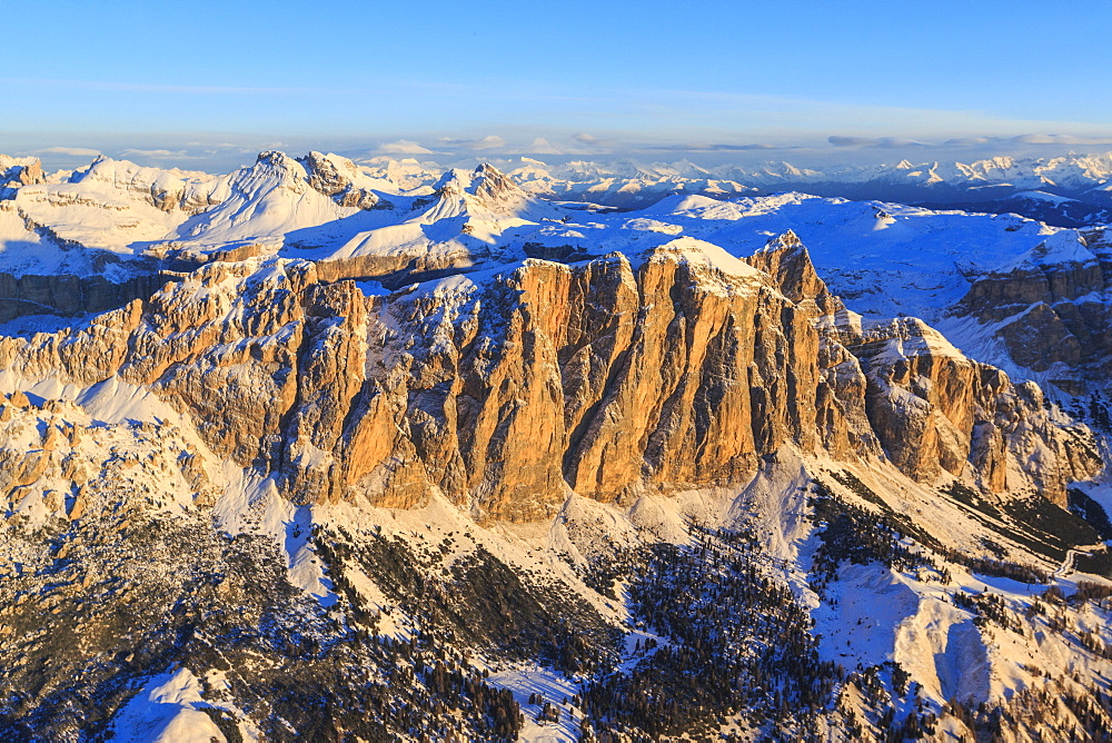 Aerial view of the Odle at sunset, Gardena Valley, Dolomites, Trentino-Alto Adige, Italy, Europe