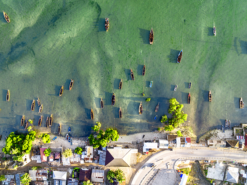 Aerial view of boats moored in the exotic lagoon, Mkokotoni, Zanzibar, Tanzania, East Africa, Africa