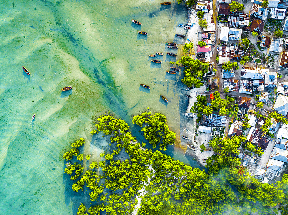 Aerial view of fishing boats moored in the exotic lagoon, Mkokotoni, Zanzibar, Tanzania, East Africa, Africa