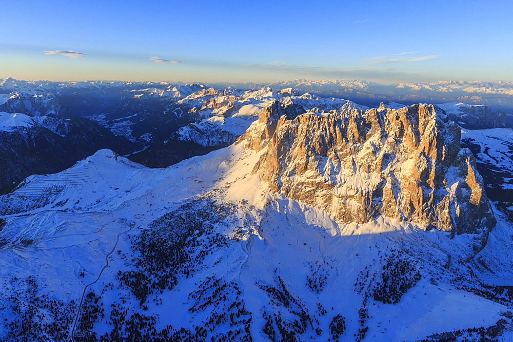 Aerial view of Sassolungo Sassopiatto and Grohmann peaks at sunset, Sella Group, Dolomites, Trentino-Alto Adige, Italy, Europe