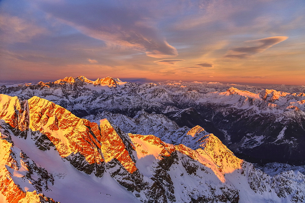 Aerial view of Mount Disgrazia and Bernina Group at sunset, Masino Valley, Valtellina, Lombardy, Italy, Europe