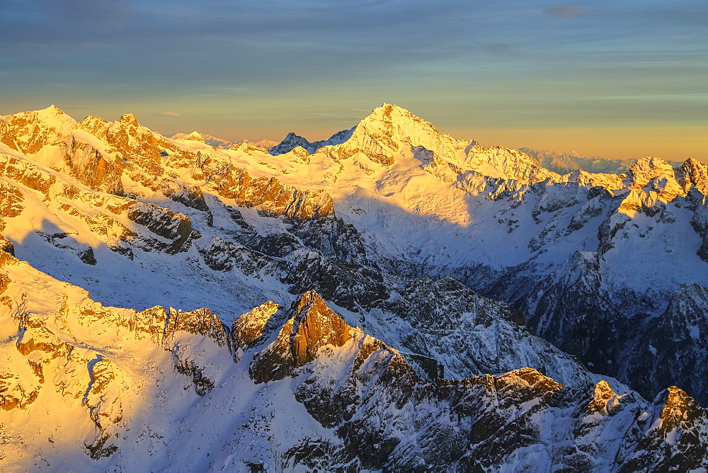 Aerial view of Mount Disgrazia at sunset, Masino Valley, Valtellina, Lombardy, Italy, Europe