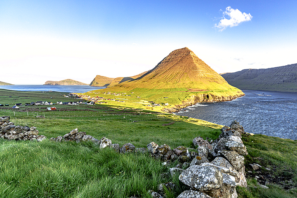 Coastal village of Vidareidi and Malinsfjall mountain in summer, Vidoy Island, Faroe Islands, Denmark, Europe