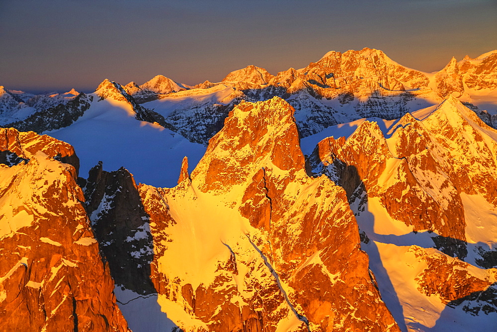 Aerial view of peaks Torrone and Bernina Group at sunset, Masino Valley, Valtellina, Lombardy, Italy, Europe