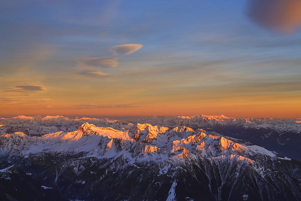 Aerial view of peak Scalino at sunset, Masino Valley, Valtellina, Lombardy, Italy, Europe