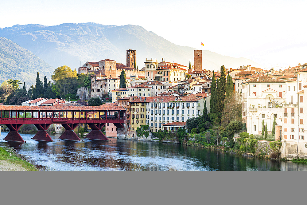 Old town of Bassano Del Grappa overlooking river Brenta at sunrise, Vicenza province, Veneto, Italy, Europe