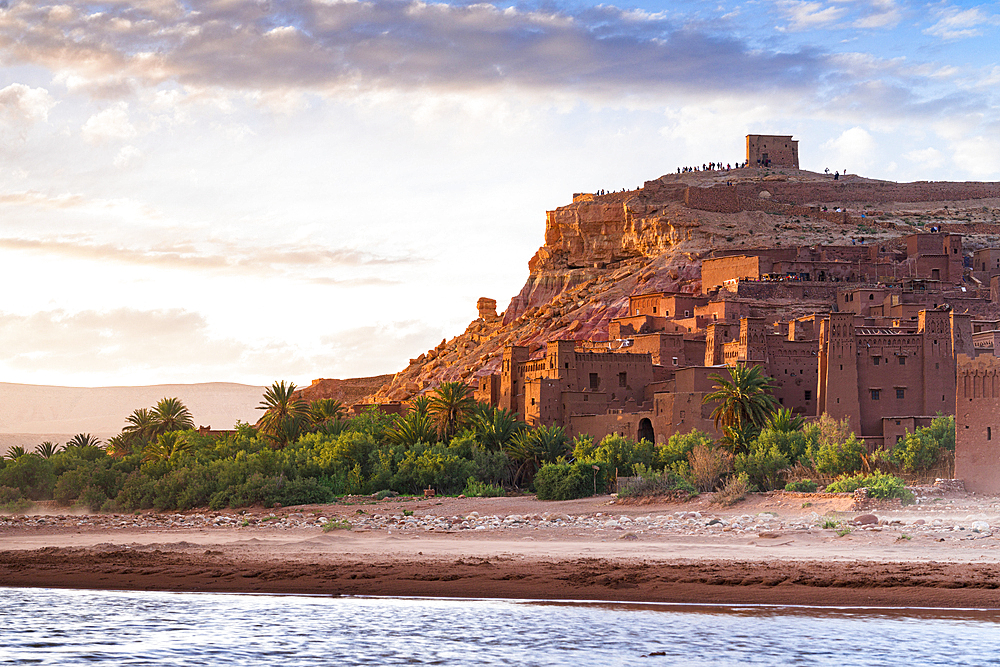 Fortified village of Ait Ben Haddou, UNESCO World Heritage Site, and desert oasis at sunset, Ouarzazate province, Morocco, North Africa, Africa