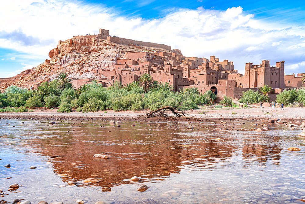 Fortified village of Ait Ben Haddou, UNESCO World Heritage Site, reflected in water of a desert oasis, Ouarzazate province, Morocco, North Africa, Africa