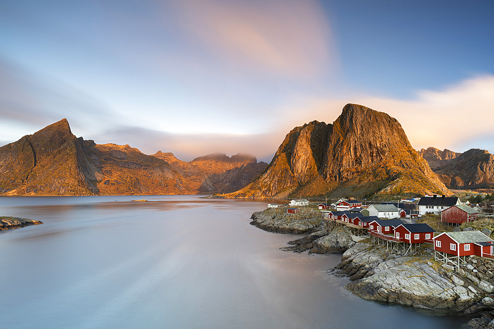 Rorbu cabins at dawn, Hamnoy, Reine, Lofoten Islands, Nordland, Norway, Scandinavia, Europe