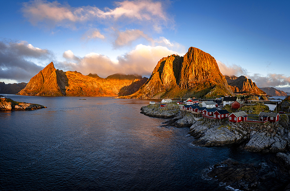 Sunrise over majestic mountains surrounding Hamnoy village, Lofoten Islands, Nordland, Norway, Scandinavia, Europe