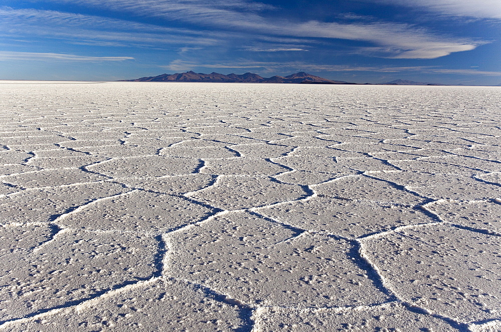 White, translucent salt crystals in the largest salt desert in the world, Salar de Uyuni, Bolivia, South America