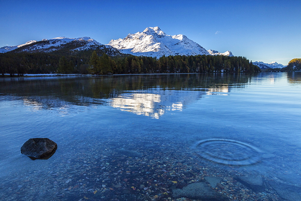 Dawn illuminates the snowy peaks reflected in the calm waters of Lake Sils, Engadine, Canton of Graubunden, Switzerland, Europe