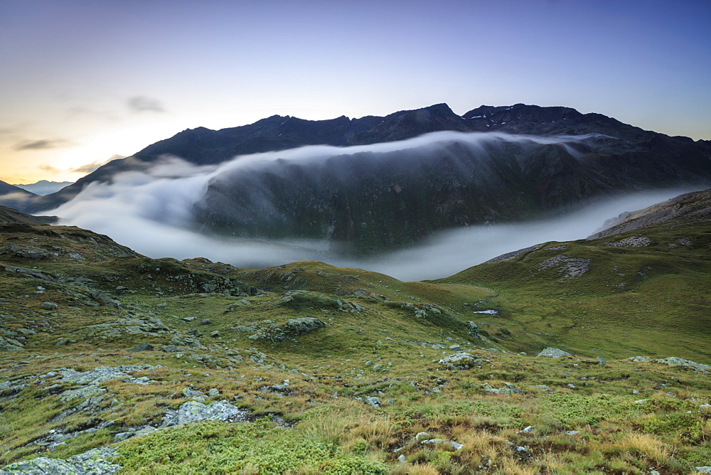 Mist at sunrise, Minor Valley, Alta Valtellina, Livigno, Lombardy, Italy, Europe