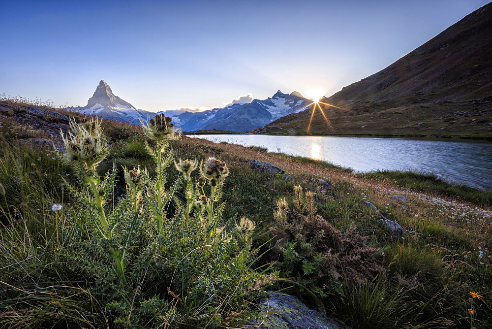 Sunset at Lake Stellisee with the Matterhorn in the background, Zermatt, Canton of Valais, Pennine Alps, Swiss Alps, Switzerland, Europe