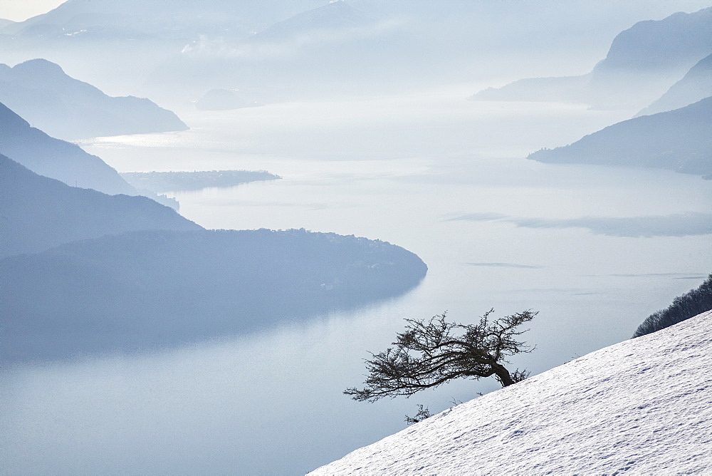 Winter view of Lake Como, Vercana mountains, High Lario, Lombardy, Italy, Europe