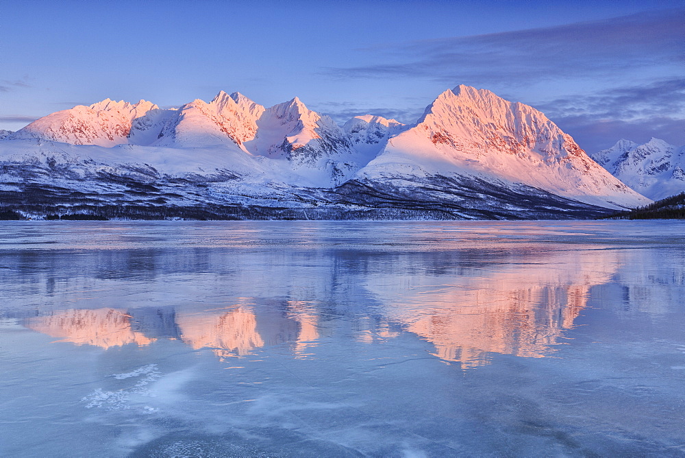 Snowy peaks are reflected in the frozen Lake Jaegervatnet at sunset, Stortind, Lyngen Alps, Troms, Lapland, Norway, Scandinavia, Europe