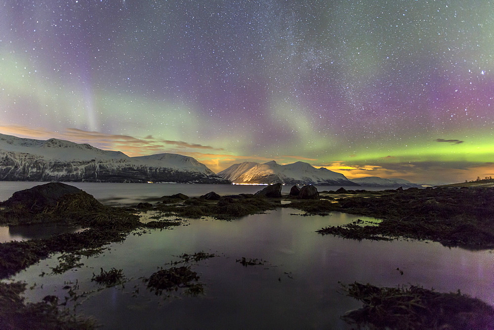 Northern Lights on the icy landscape of Svensby, Lyngen Alps, Troms, Lapland, Norway, Scandinavia, Europe